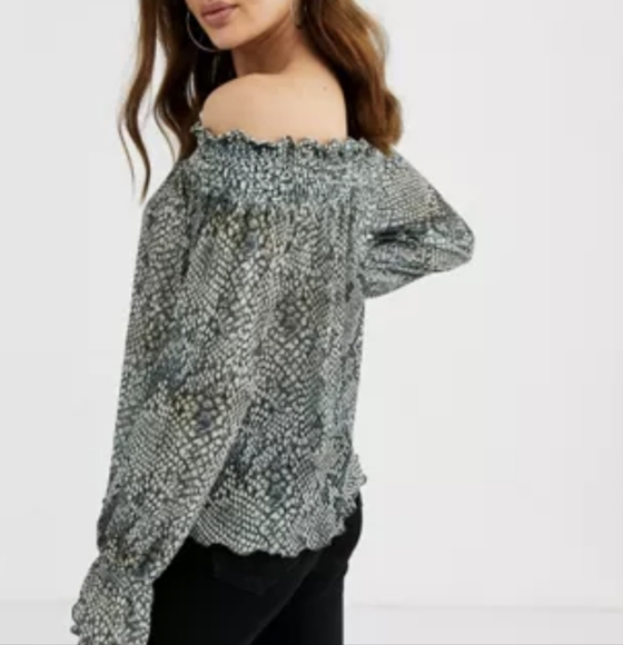 ASOS Shirred Bardot Snakeskin Print Long Sleeve Boxy Fit Sheer Blouse - Picture 4 of 8